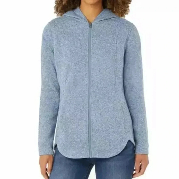 Eddie Bauer Tops - Eddie Bauer Blue Heather Hooded Radiator Fleece
2.0 Jacket sz small full zip up